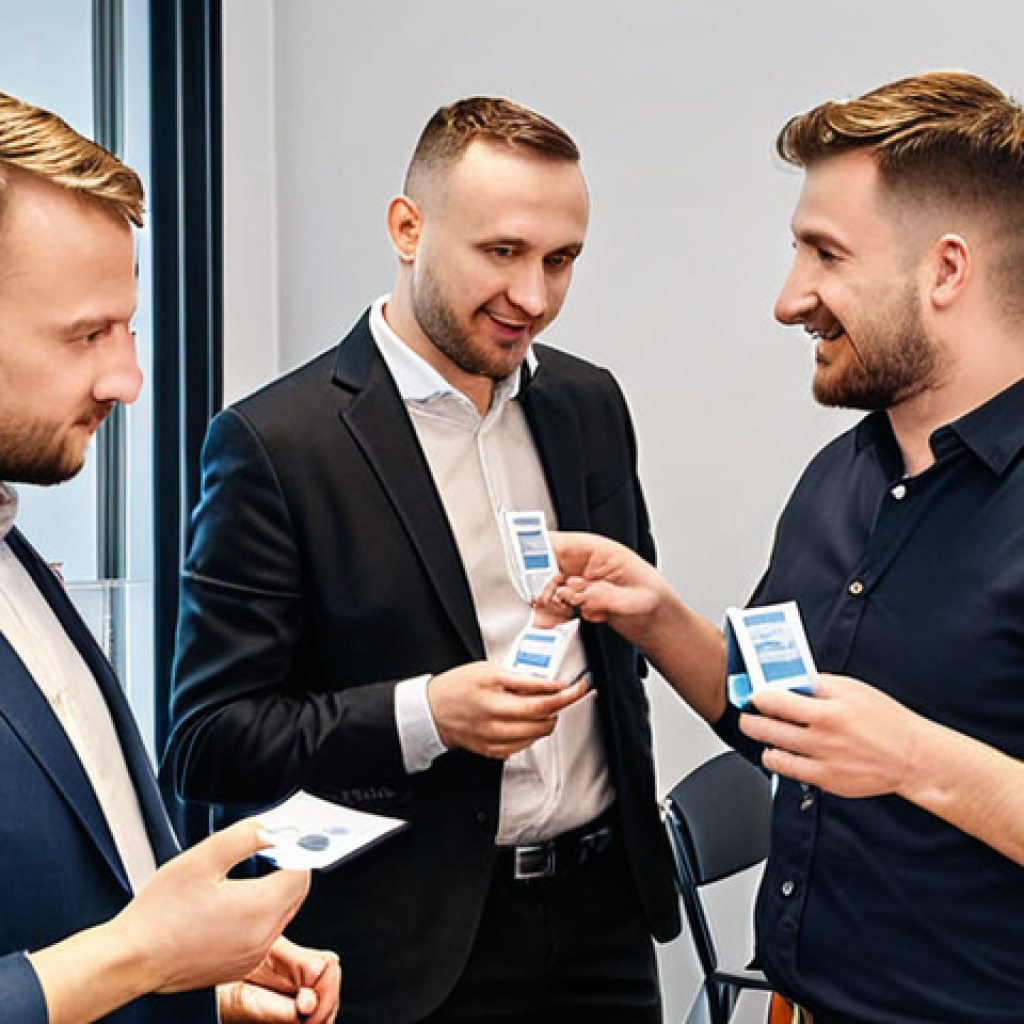 **"Professional networking event in Warsaw, people exchanging business cards, modern office setting."** (Focuses on networking in a recognizable Polish location.)