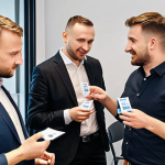 **"Professional networking event in Warsaw, people exchanging business cards, modern office setting."** (Focuses on networking in a recognizable Polish location.)