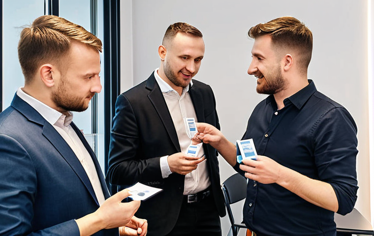 **"Professional networking event in Warsaw, people exchanging business cards, modern office setting."** (Focuses on networking in a recognizable Polish location.)
