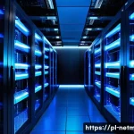 Home 22 서버와 네트워크 간의 관계 이해 - A detailed, modern data center server room showcasing rows of high-performance dedicated servers con...