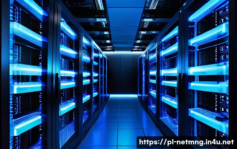 서버와 네트워크 간의 관계 이해 - A detailed, modern data center server room showcasing rows of high-performance dedicated servers con...