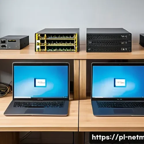 Home 33 네트워크 실습 장비 추천 - A cozy home networking lab setup designed for a Polish enthusiast, featuring a sturdy wooden desk wi...