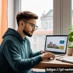Home 20 네트워크 공부 계획표 샘플 - A modern home office setup in a Polish apartment, featuring a young adult studying computer networks...