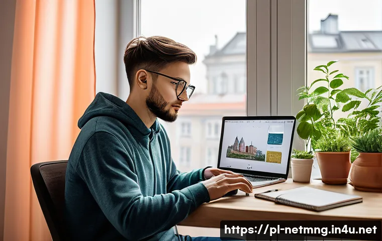 네트워크 공부 계획표 샘플 - A modern home office setup in a Polish apartment, featuring a young adult studying computer networks...