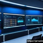 Home 19 네트워크 장비 트렌드 및 신제품 - A modern network administrator’s workspace showing multiple high-tech screens with real-time AI-driv...