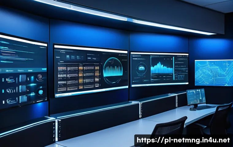 네트워크 장비 트렌드 및 신제품 - A modern network administrator’s workspace showing multiple high-tech screens with real-time AI-driv...