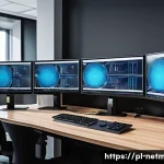 Home 18 네트워크 관리자 실무에서 흔한 실수 - A modern network administrator’s workspace in a Polish office, featuring multiple high-resolution mo...