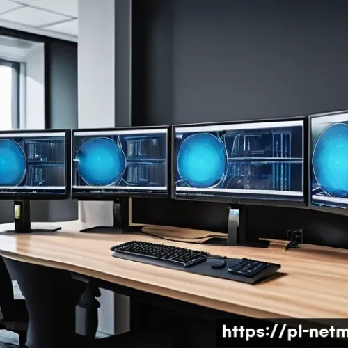 Home 30 네트워크 관리자 실무에서 흔한 실수 - A modern network administrator’s workspace in a Polish office, featuring multiple high-resolution mo...