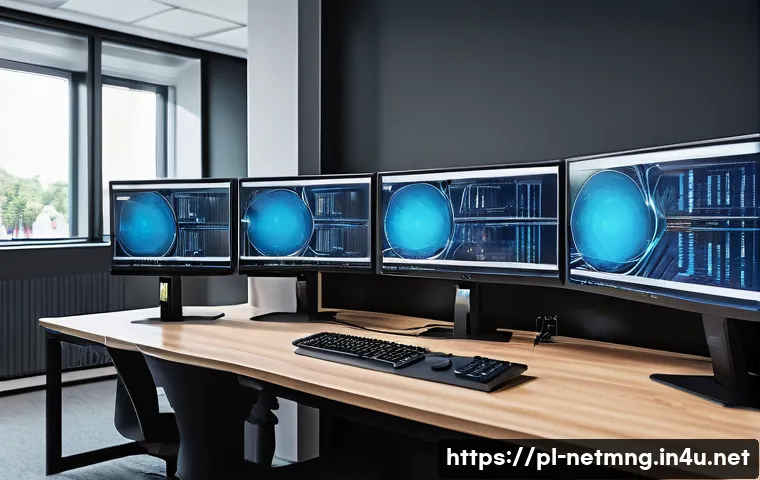 네트워크 관리자 실무에서 흔한 실수 - A modern network administrator&rsquo;s workspace in a Polish office, featuring multiple high-resolution mo...