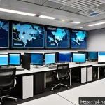 Home 23 네트워크 시험장에서 자주 묻는 질문 - A detailed, modern network operations center with multiple large screens displaying real-time TCP/IP...