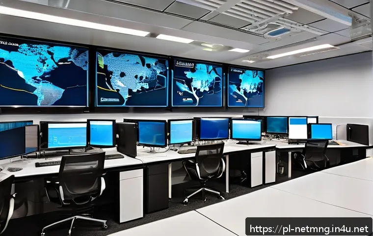 네트워크 시험장에서 자주 묻는 질문 - A detailed, modern network operations center with multiple large screens displaying real-time TCP/IP...