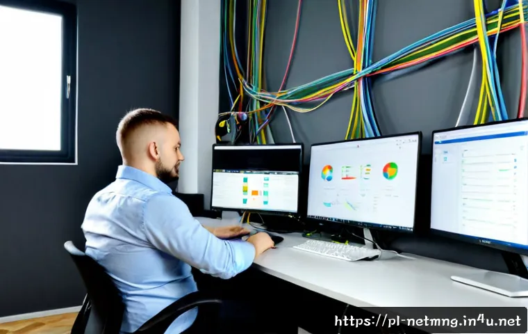 네트워크 관리자 필수 스킬 10가지 - Photorealistic modern network operations workspace in Poland, experienced network administrator wear...